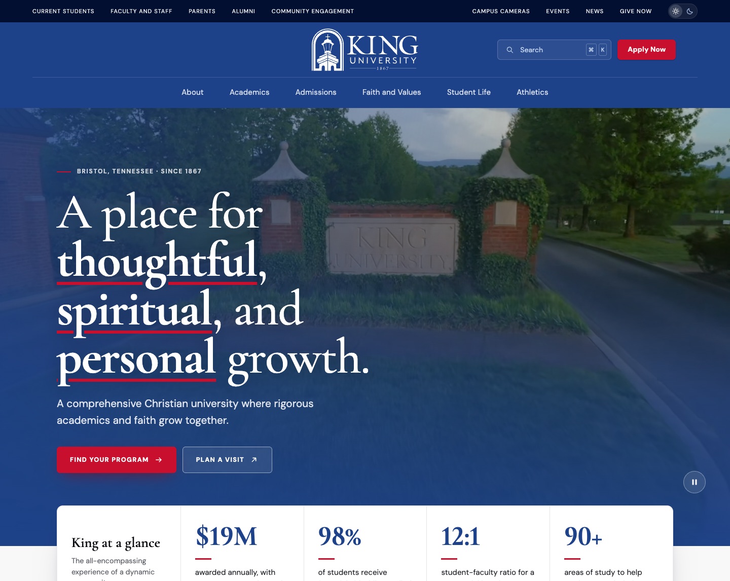 Screenshot of the King University home page